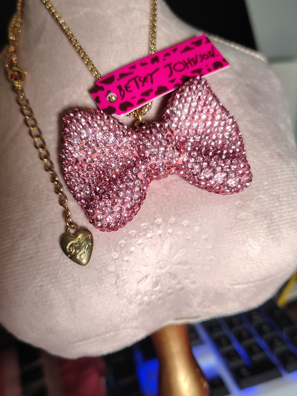 Betsey Johnson Pink Crystal Bow Necklace with Gold Chain - Picture 2 of 4